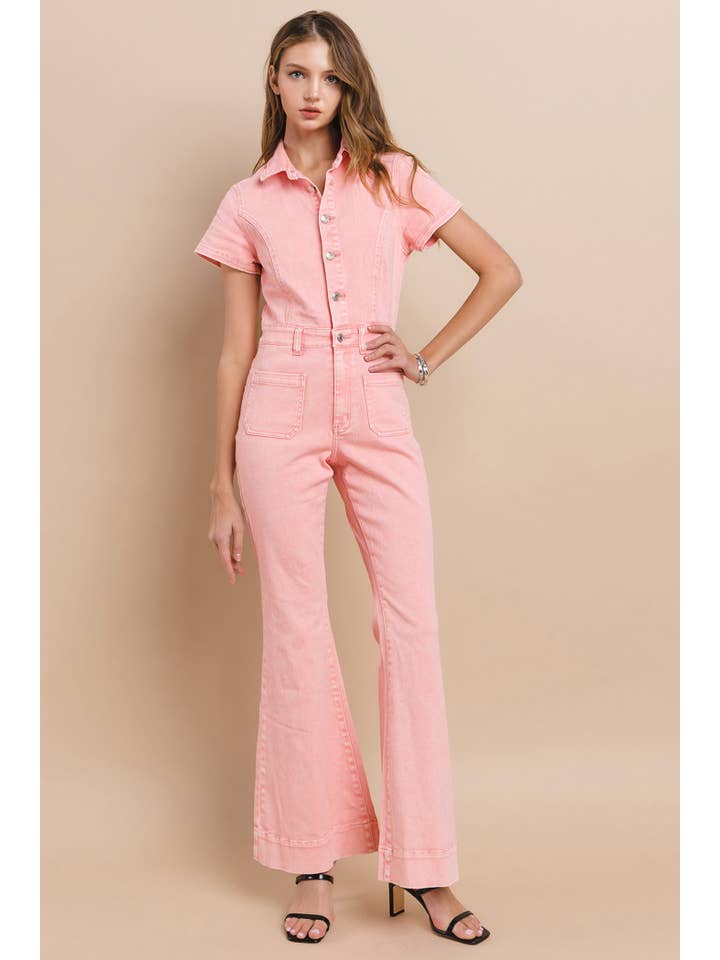 ROSE PETITE ACID WASHED BOOTCUT LEG DENIM JUMPSUIT -4330RIB for wholesale on Faire