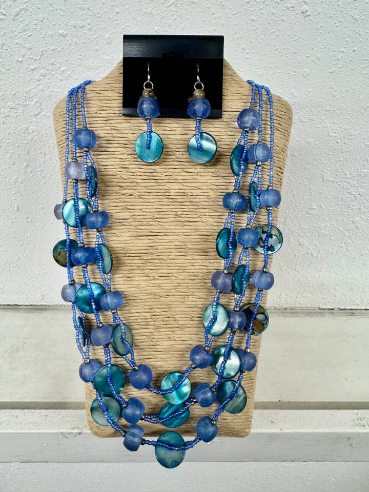3 STRANDS BLUE SEED BEADS WITH ROUND RESIN AND SHELLS MULTI for wholesale by International Duru's