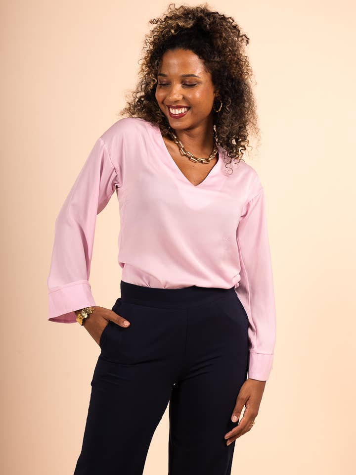 You Udress - Wholesale Blouse - Women's - V-Neck Satin Solid Tunic with Long Flared Sleeved0