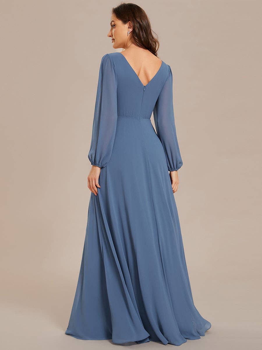 Ever-Pretty - Wholesale Gown - Women's - Elegant waisted chiffon V-neck Long Sleeve guest Dress3