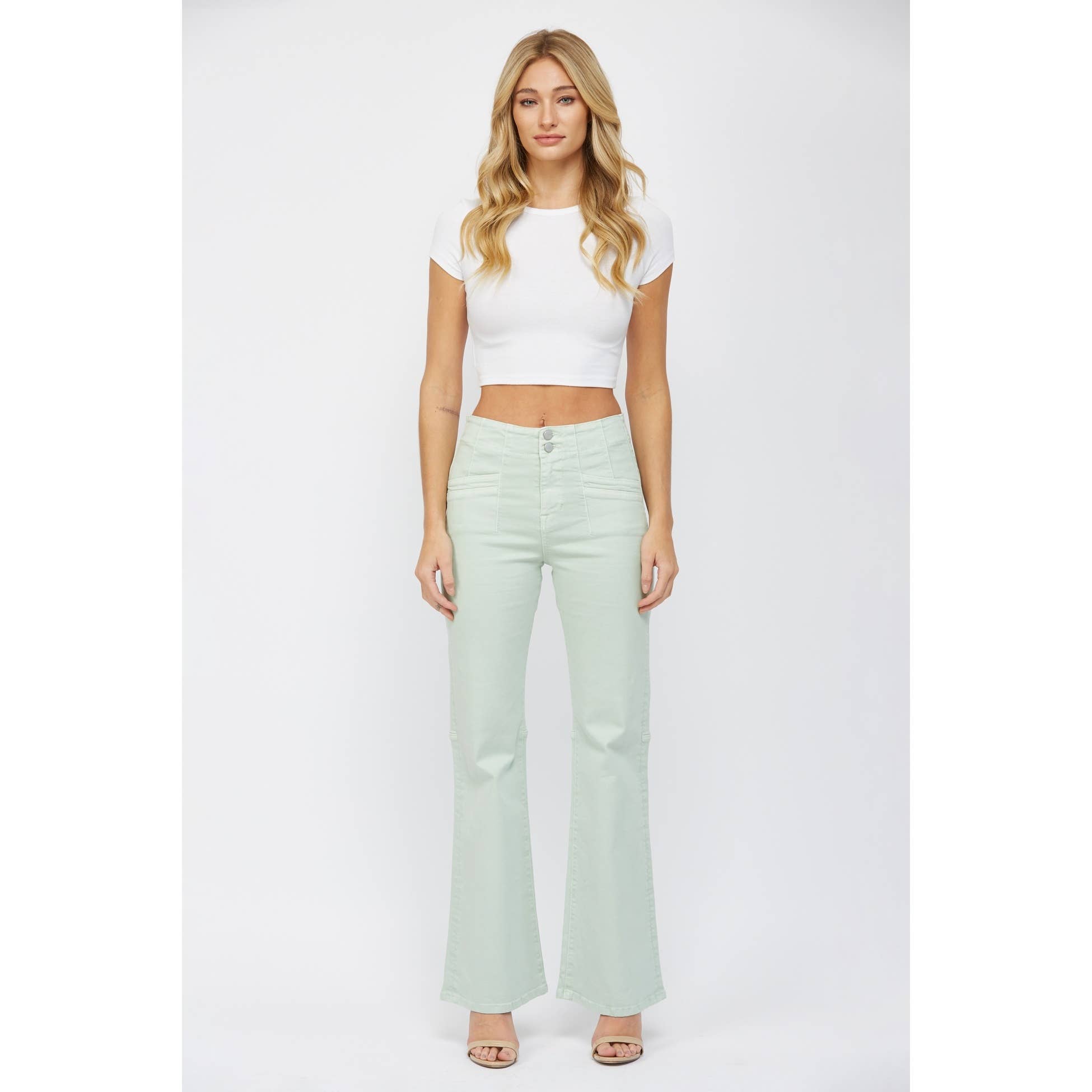 BLUE MINT SUPER HIGH RISE FLARE WITH DOUBLE BUTTON for wholesale on Faire2