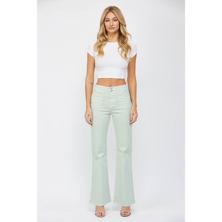 BLUE MINT SUPER HIGH RISE FLARE WITH DOUBLE BUTTON for wholesale on Faire2