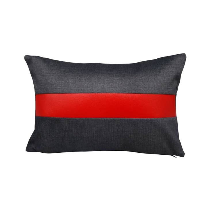 Handmade artisan lumber pillow with gray velvet and red Naugahyde stripe” 10x15” inches Comes with an insert for wholesale by Magic Hill - Mercantile