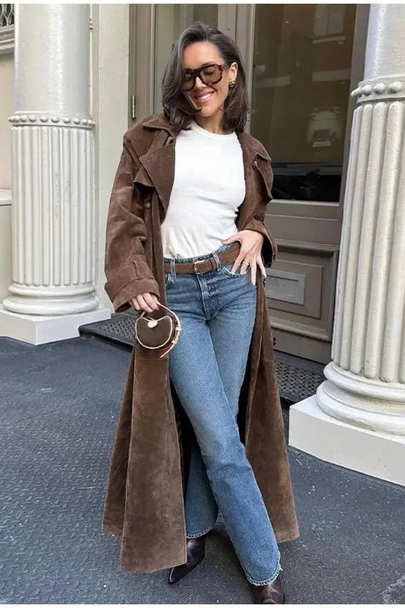 COFFEE CWOCO1075_DOUBLE BREASTED LAPEL FAUX LEATHER LONG COAT for wholesale on Faire5