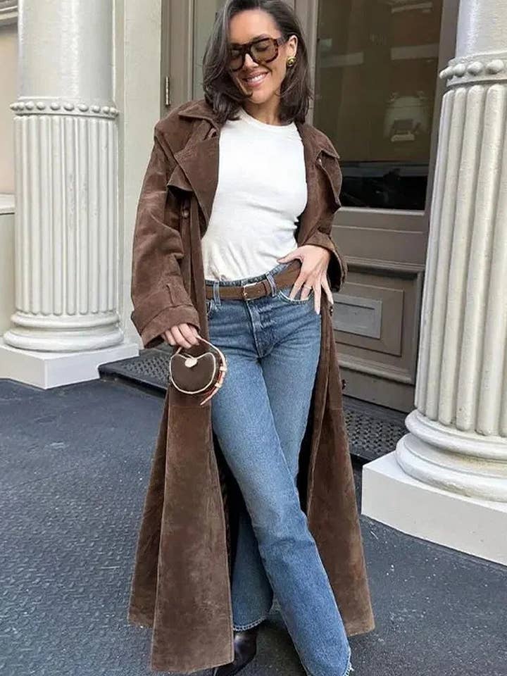 COFFEE CWOCO1075_DOUBLE BREASTED LAPEL FAUX LEATHER LONG COAT for wholesale on Faire5