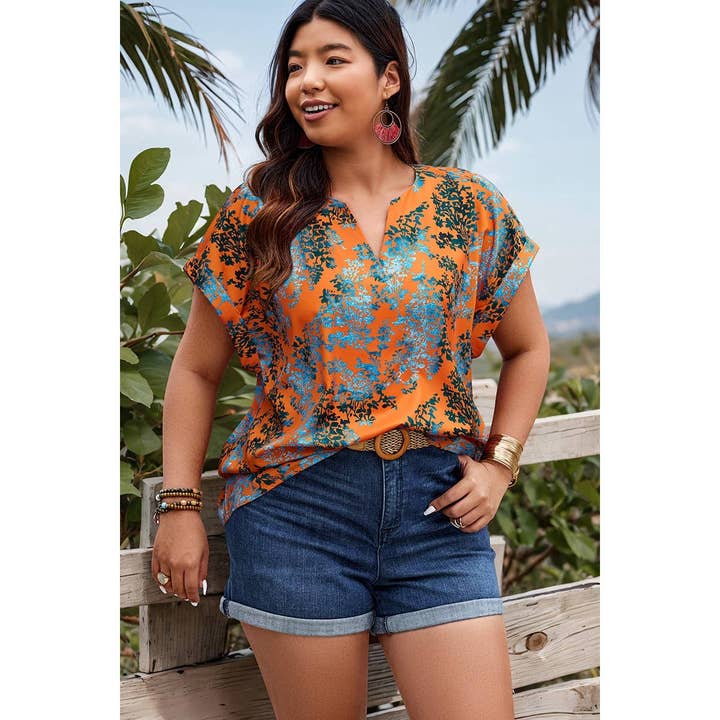 ORANGE Plus Floral V Neck Batwing Sleeve Loose Shirt for wholesale on Faire