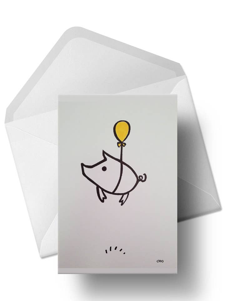 flying piggie | when pigs fly | 5x7 Greeting card for wholesale by once upon a design