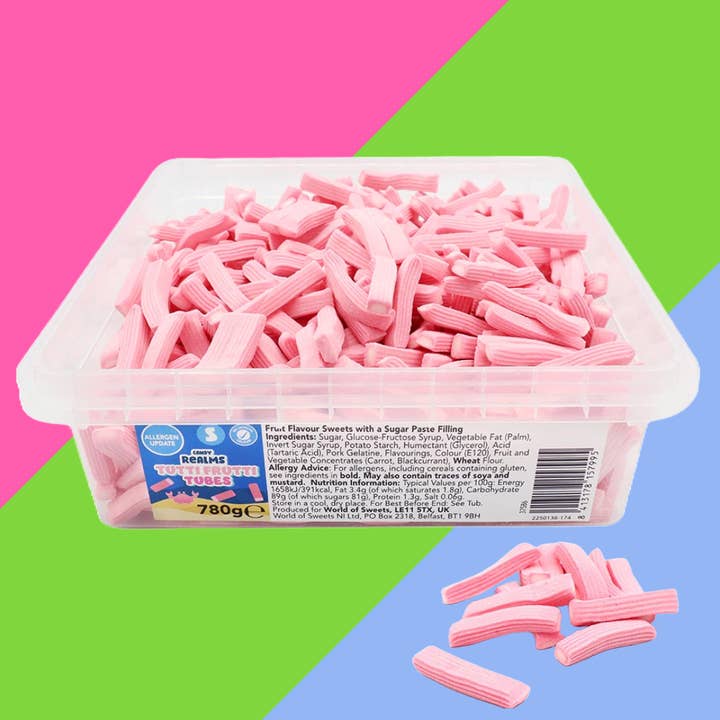 Gaffney's Sweets & Treats Wholesale - Wholesale Hard Candy - Candy Realms Tutti Frutti Tubes Tub 1x780g Tub