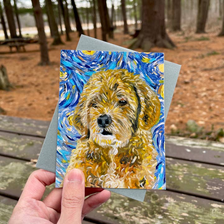 Dog Greeting Card, Curly Haired Dog Van Gogh Design for wholesale by Deking Art