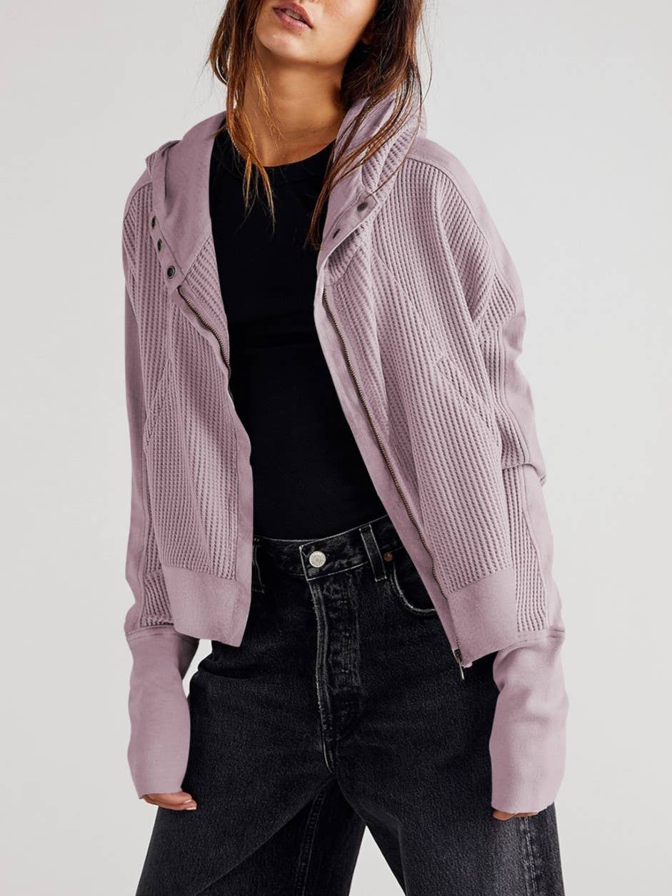 Rosa Clothing - Wholesale Hoodie - Women's - half button zip up waffle crop hoodie sweatshirt jacket6