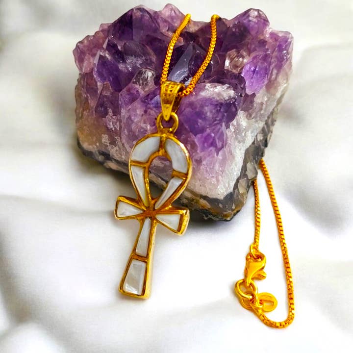 ALADDIN'S LAMP JEWELRY - Wholesale Individual Charm/Pendant - Key Of Life Ankh Mother of pearl Gold Pendant Only4