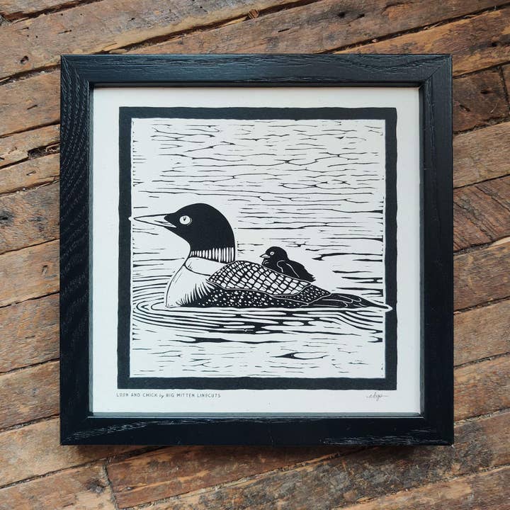 Big Mitten Linocuts - Vente Affiche d'art - Linoprint Loon and Chick3