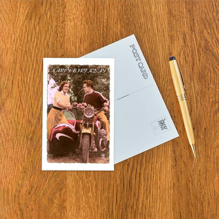 Found Image Press – Großhandel Postkarten – Postkarte HB-106 Alles Gute zum Geburtstag, Motorrad und Beiwagen