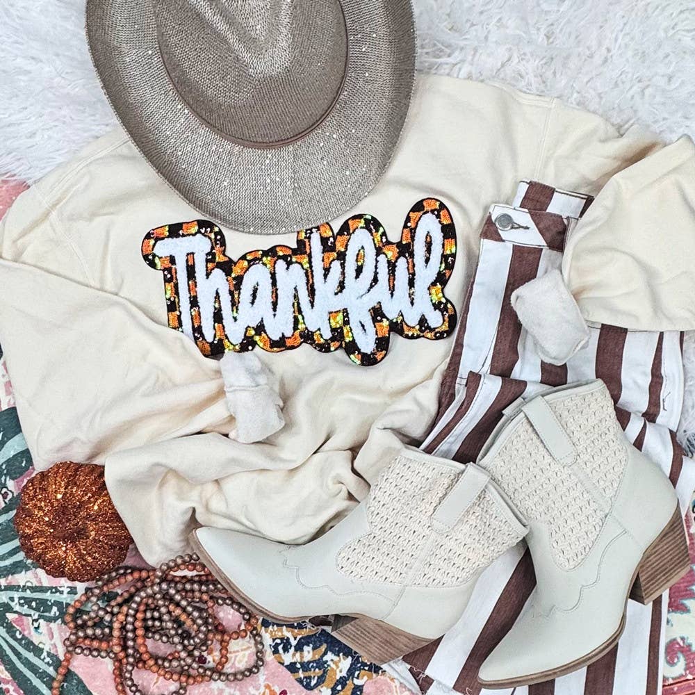 Trendy Transfers - Wholesale Patch - Thankful Checkered Sequins and Chenille Patch