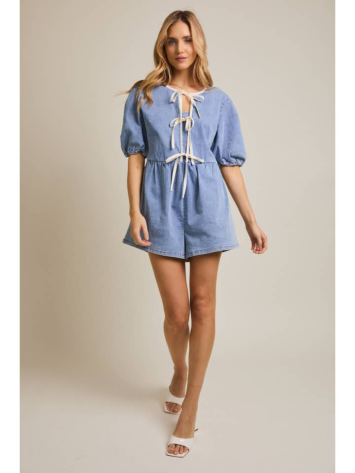 FRONT TIE PUFF HALF SLEEVE DENIM ROMPER for wholesale on Faire