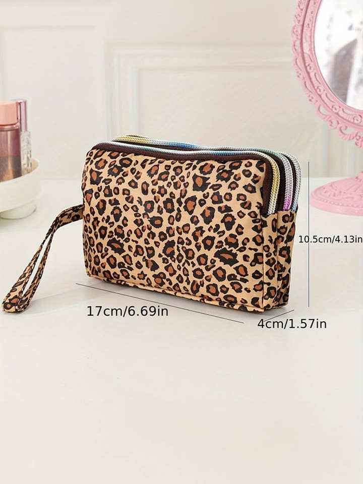 Brown Leopard Print PU Leather Wristlet Zipper Makeup Bag for wholesale by Lovesoft