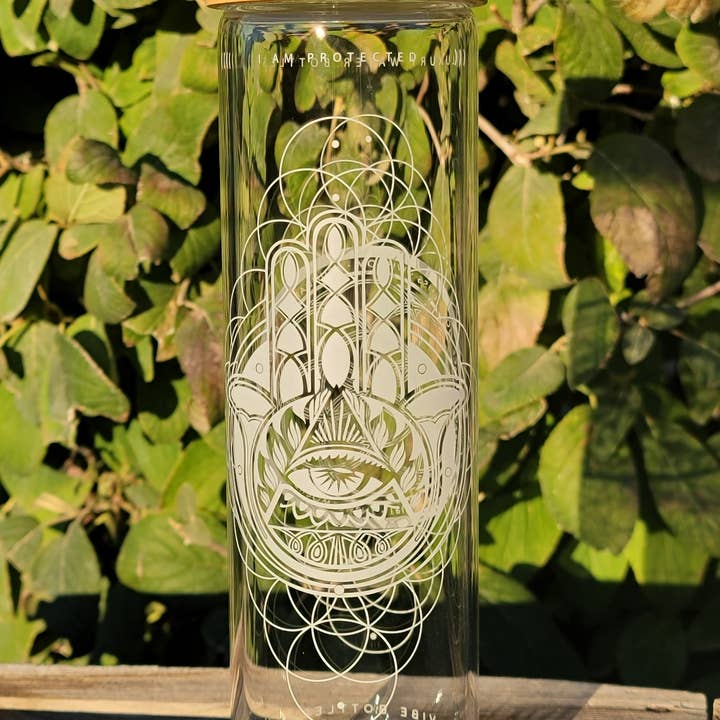 Hamsa Protection - Glass Water Bottle by Vibe Bottles for wholesale by Lucid Gaia