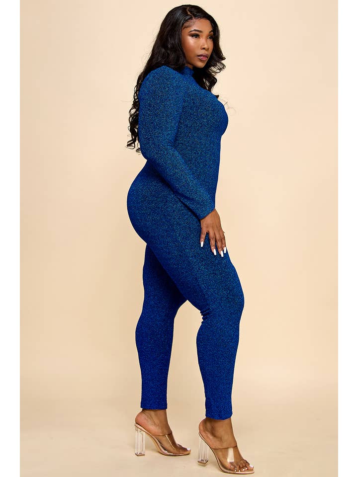 Namatt Design - Wholesale Jumpsuit - Women's - Plus Glitter Mock Neck Zipper Back Closure Catsuit4