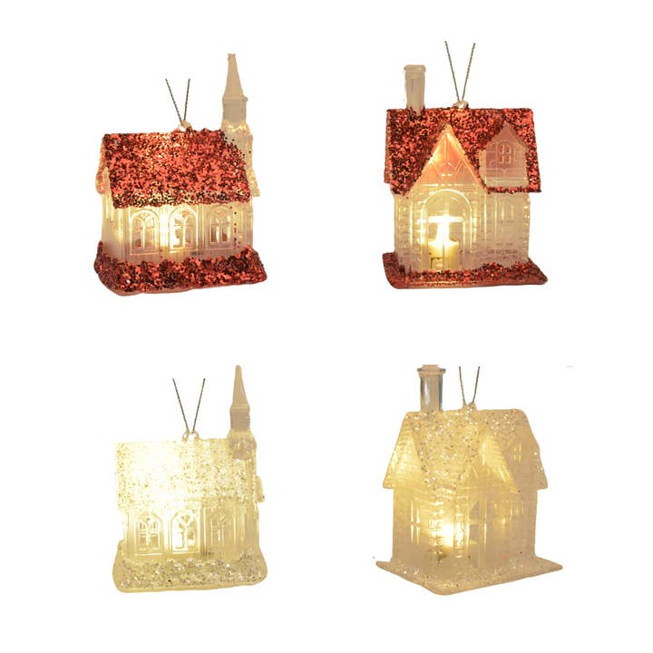 Light Up Church with Glitter Ornament | Red | White for wholesale by Country Silk