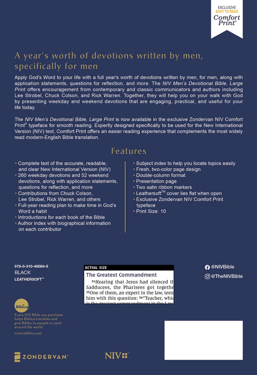 HarperCollins Christian Publishing - Wholesale Religion - NIV Men's Devotional Bible, Large Print, Leathersoft Black12