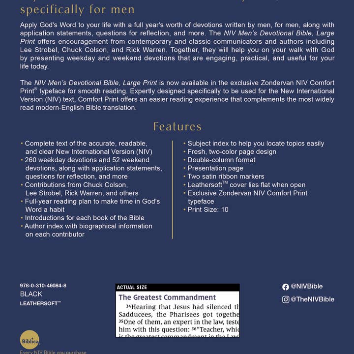 HarperCollins Christian Publishing - Wholesale Religion - NIV Men's Devotional Bible, Large Print, Leathersoft Black12