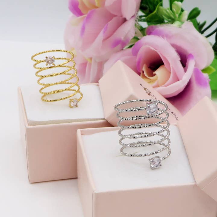 Daemon srls - Wholesale Cocktail/Statement Ring - ANITA ~ Anello a spirale regolabile in ACCIAIO INOSSIDABILE con cubic zirconia5