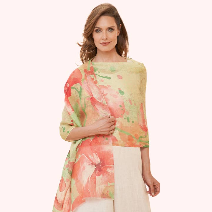 100% Linen Watercolour Orchid Scarf for wholesale by Powder Design inc - US