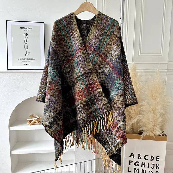 Rosa Clothing - Wholesale Wrap - Women's - Bohemia vintage plaid Thermal shawl with tassel