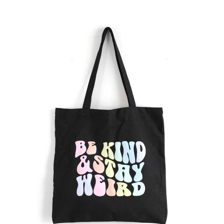 Be Kind & Stay Weird Retro Letters Canvas Black Tote Bag for wholesale by Electric Little Things