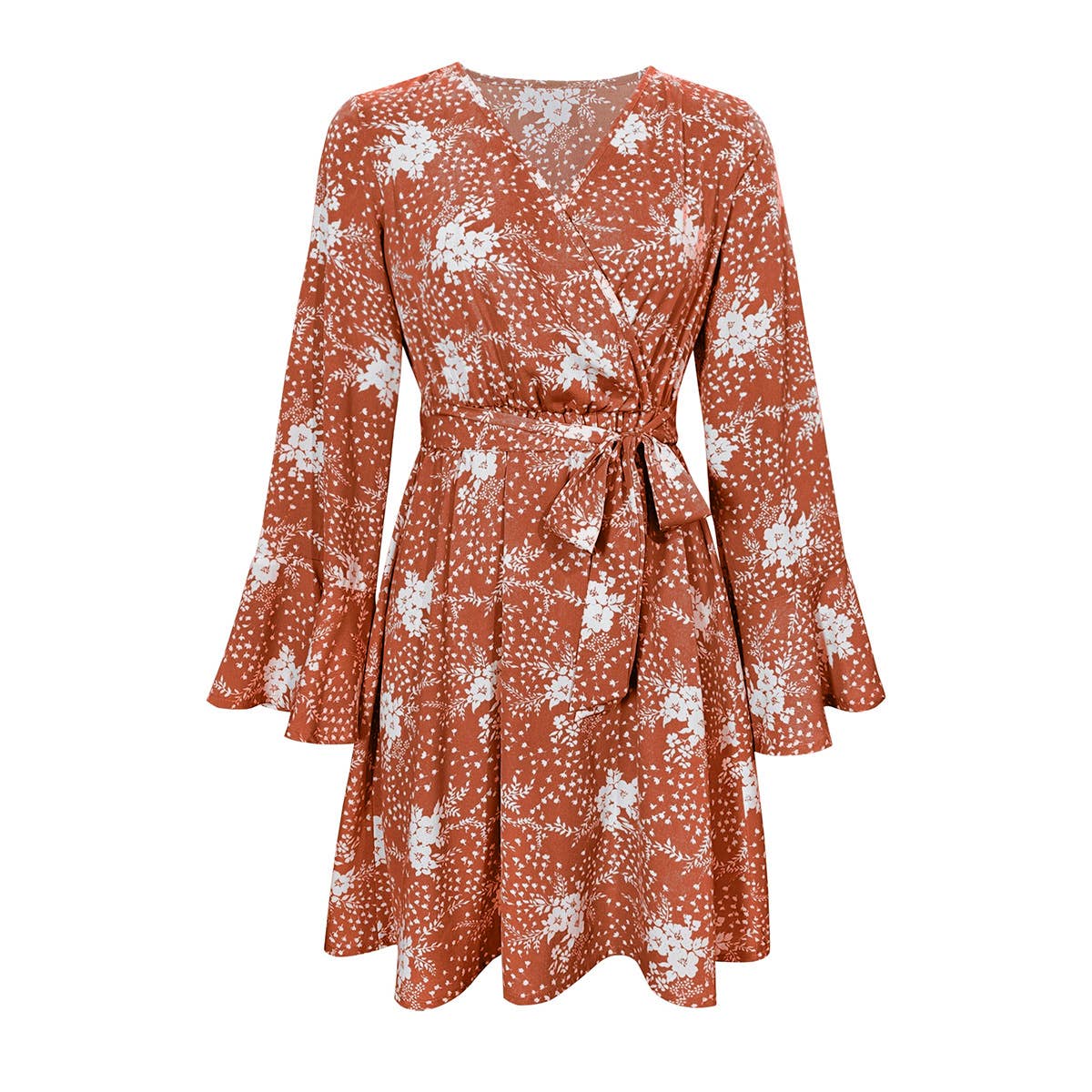 Lily Clothing - Wholesale Dress - Women's - Flared sleeve V-neck printed long-sleeved dress2