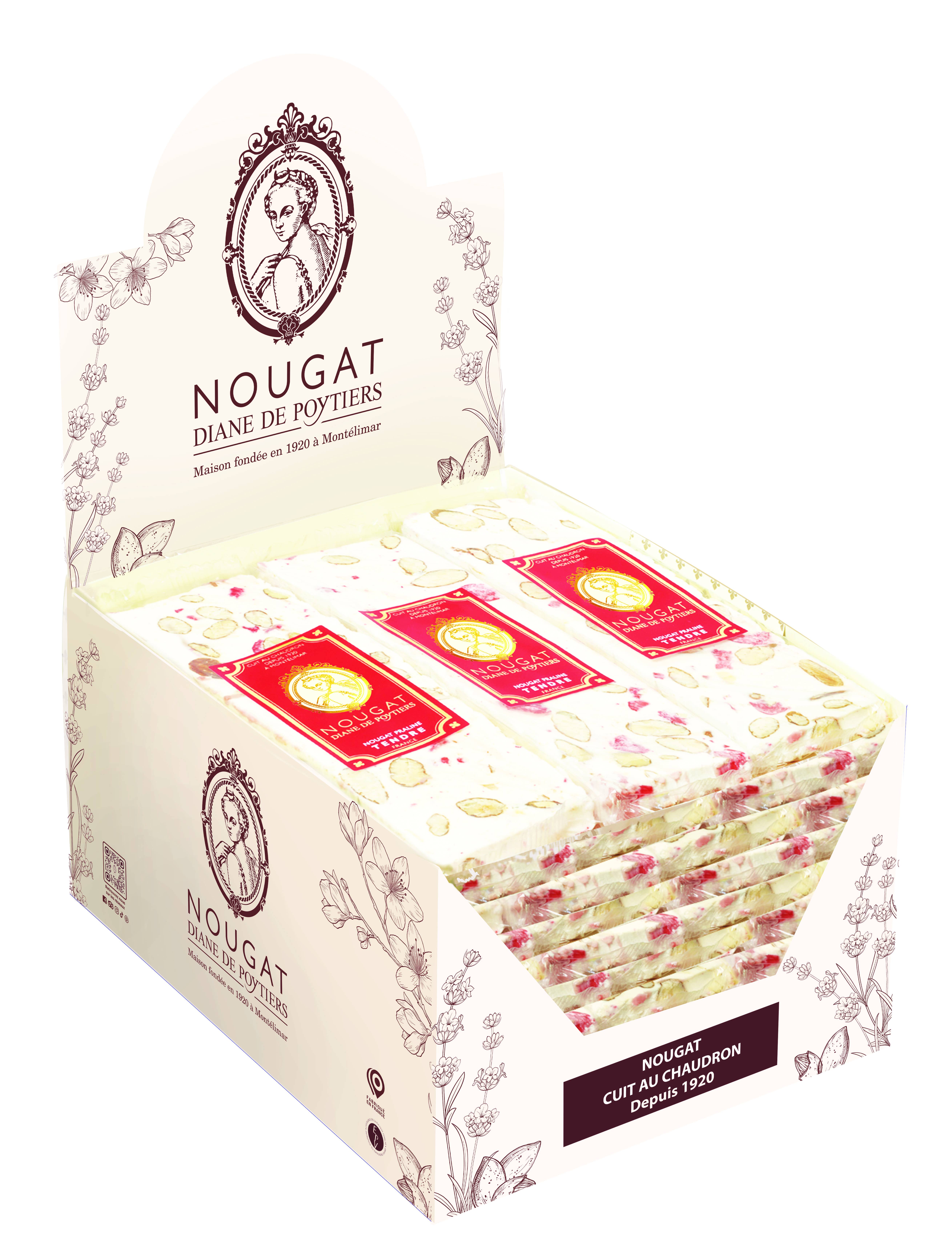 Nougat Diane De Poytiers - Wholesale Nougat - Nougat praline soft red 100 g bar on display1