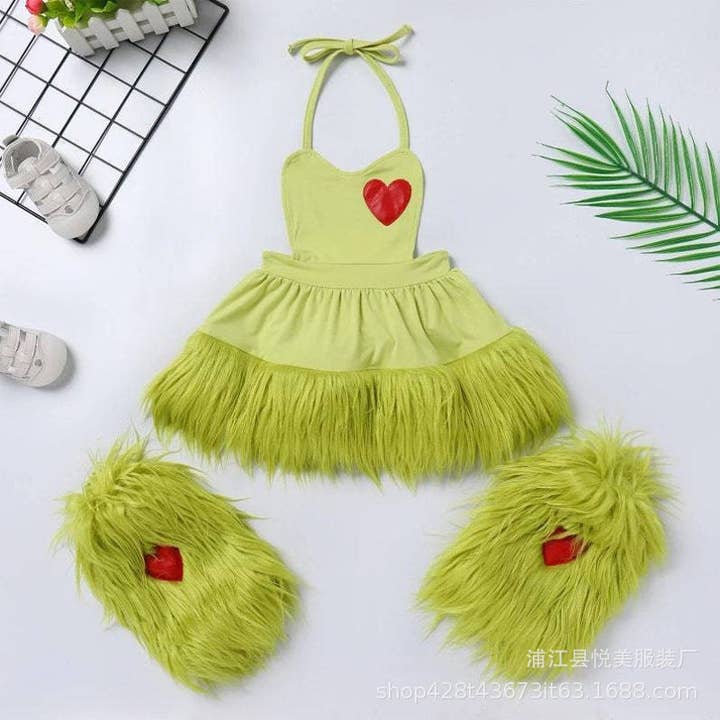 2-9Y Kids Girls Christmas Costume Green Fur Grinch Princess Dress Wholesale Kids Boutique Clothing for wholesale on Faire