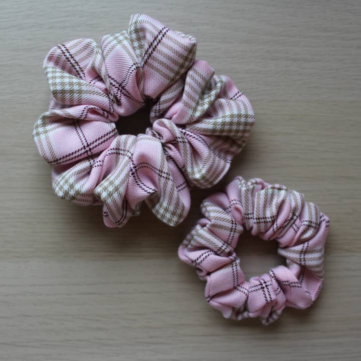 Pink & Beige Tartan Hair Scrunchies for wholesale by Oopsie Daisy Accessories