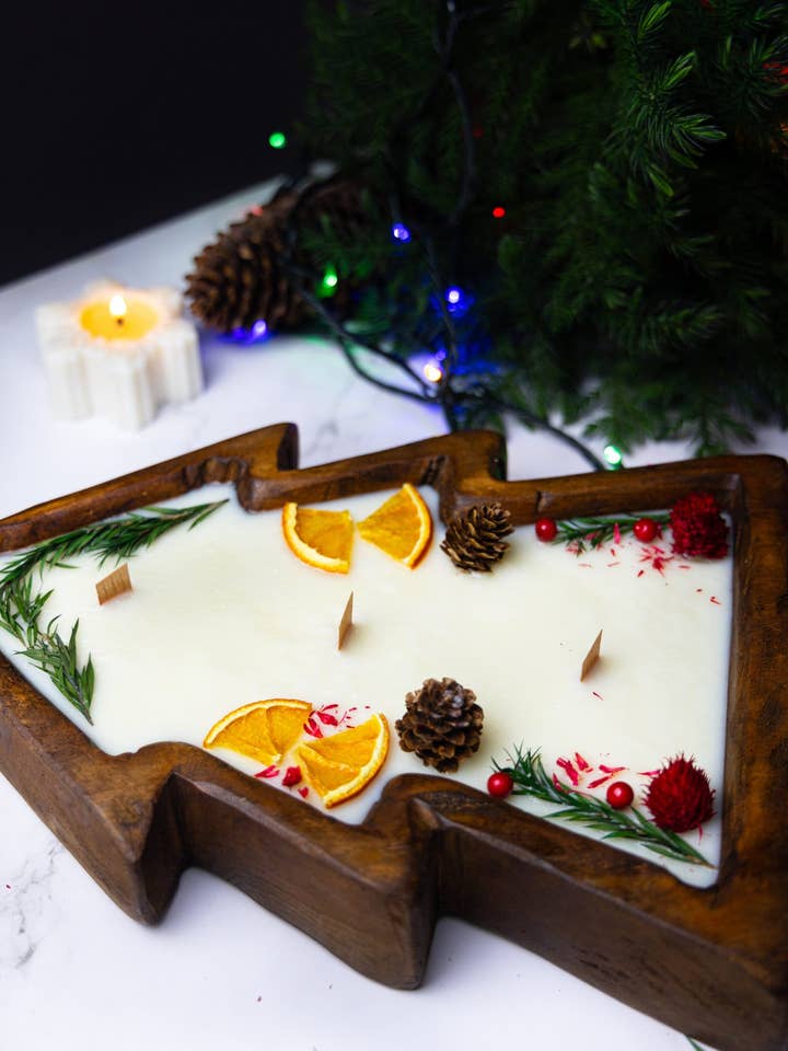 Large Christmas Tree Wooden Dough Bowl Scented Candle ~ for wholesale by MySunshineCandless