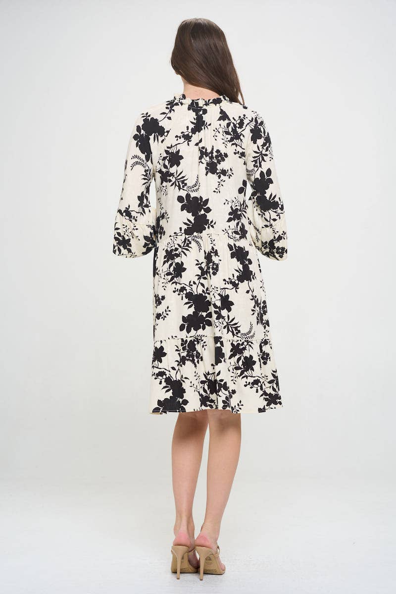 Black Ivory Made in USA Floral Print V neck 3/4 Sleeve Tiered Dress for wholesale on Faire4