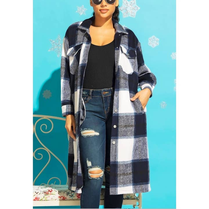 FSG-JK8367 PLAID BUTTON DOWN FLANNEL LONG SHIRT JACKET for wholesale by Coloring You