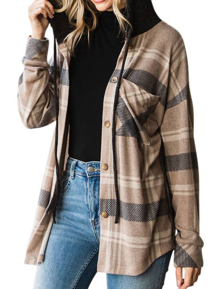 Plaid Button Down Hooded Shacket for wholesale by Vanilla Monkey