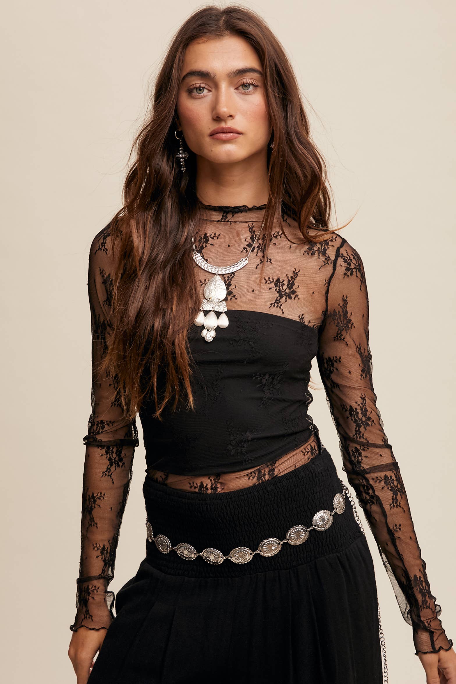 Listicle - Wholesale Blouse - Women's - Sheer Lace Long-Sleeve Top84