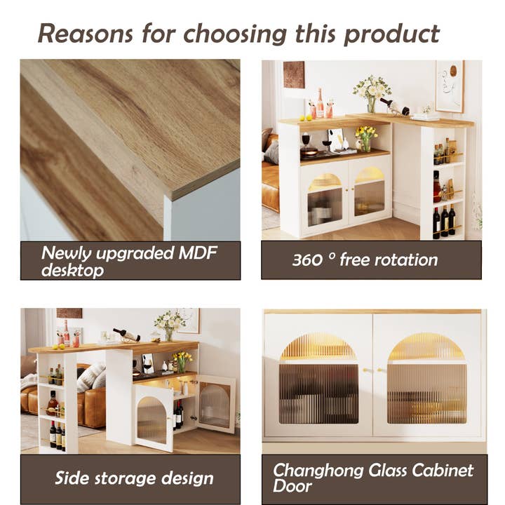 Urban Meuble - Wholesale Sideboard - Modern white rotating extendable bar table with storage and LED light strip THRUTELS WHITE13