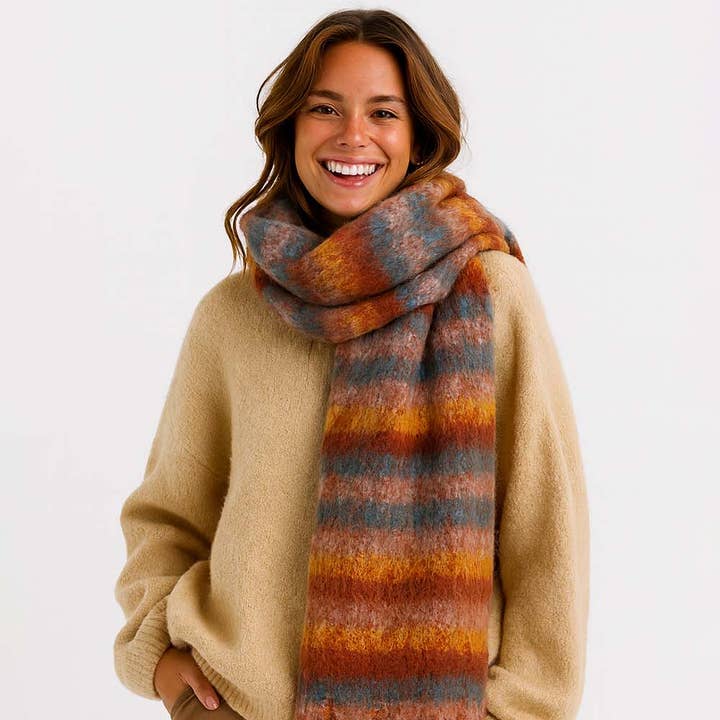 Sweetkama - Vente Écharpe – femme - Châle écharpe tricotée à franges rayées multicolores pour femmes1