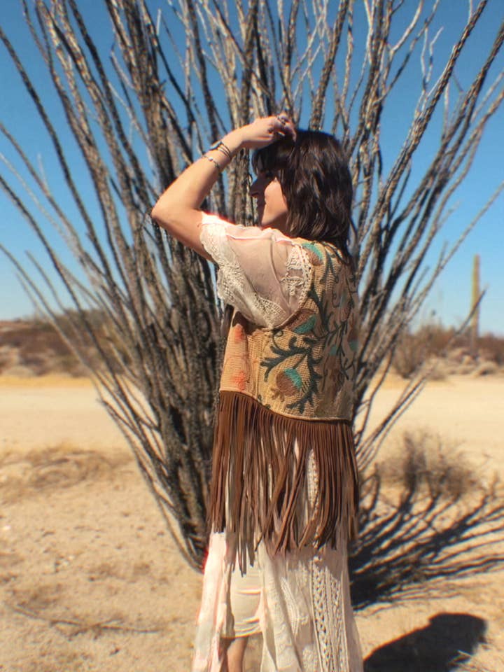 Wylder Trading Company - Wholesale Outerwear Vest - Women's - Boho Western Fringe Cowgirl Hippie Vest Leather Kantha16