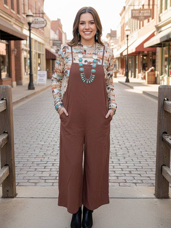 Cotton adjustable wide leg brown women jumpsuit XCH16818 for wholesale by luluclothes