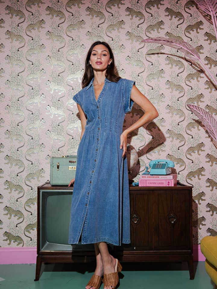 Vintage indigo Denim Maxi A-Line Shirt Dress for wholesale on Faire3