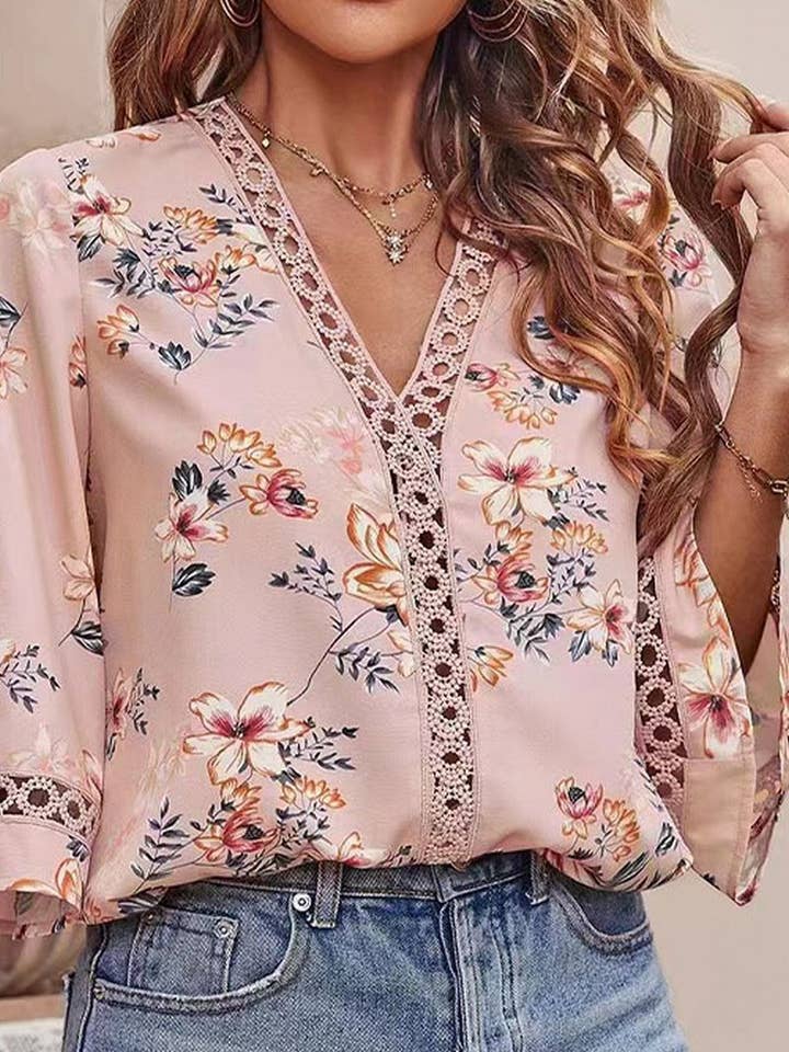 NINEXIS - Wholesale Blouse - Women's - CWTBLS2037_LOOSE FIT V-NECK BELL SLEEVE LACE CHIFFON TOP