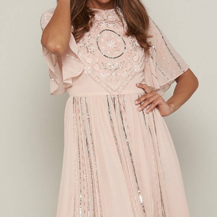 Tansy Blush Embellished and Embroidered Midi Dress for wholesale by Frock & Frill