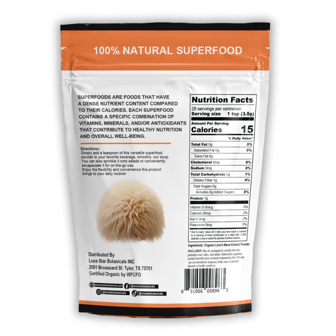Lone Star Botanicals – Engroshandel Protein-/superfoodpulver – Økologisk Løvemanke Svampeekstrakt Pulver -- 100 g7