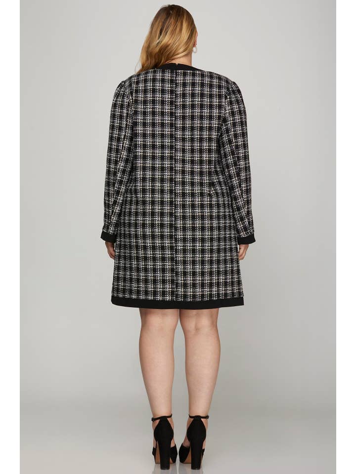 Peace Love Line - Wholesale Dress - Women's - PL4656 PLUS - BUTTON DOWN CONTRAST BOW TWEED DRESS