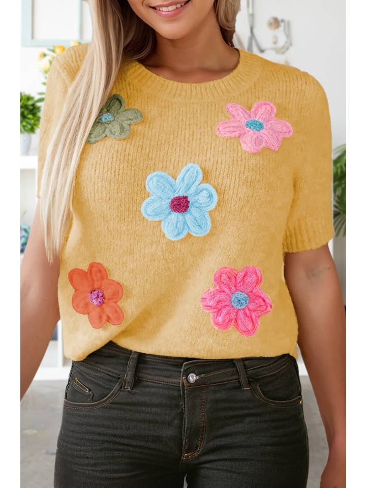 Yellow Women's Floral Embroidered Short Sleeve Sweater (S-XL) for wholesale on Faire