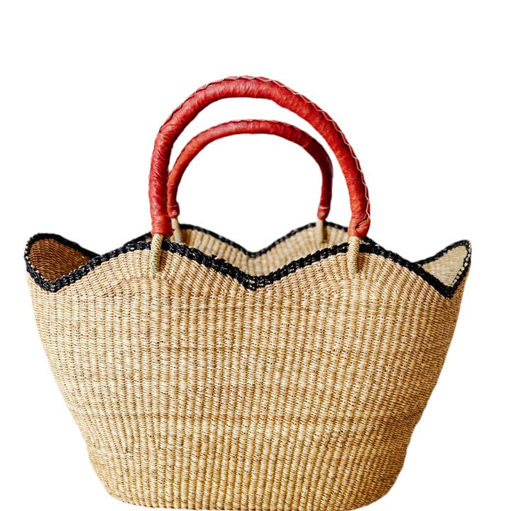 Cognac Handle with Navy Handwoven Scallop Tote for wholesale on Faire4