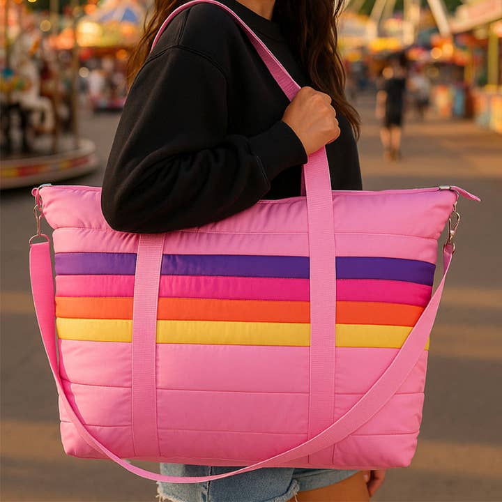 Top Trenz Inc - Wholesale Tote Bag - Women's - Pink Puffer Tote Bag Retro Stripe 1